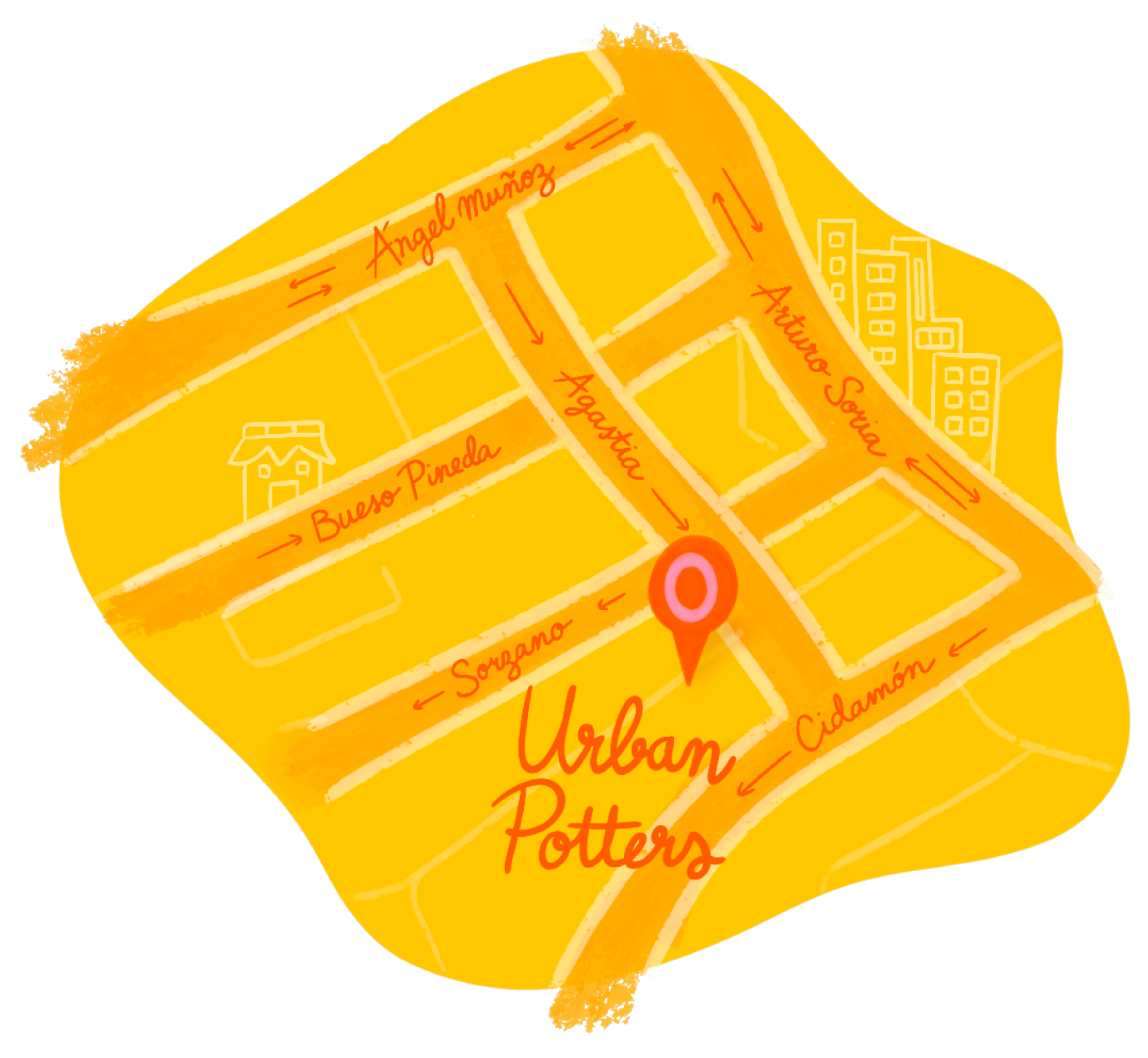 Mapa ilustrado con la ubicación de Urban Potters en la calle Agastia