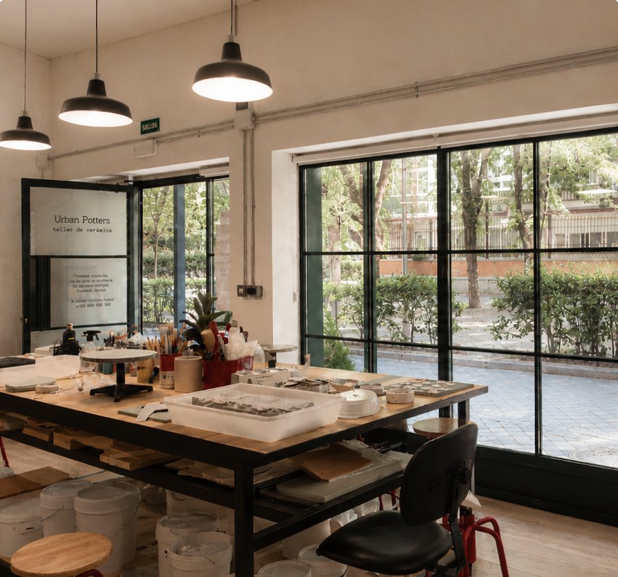 Interior del taller con mesa de trabajo y ventanales